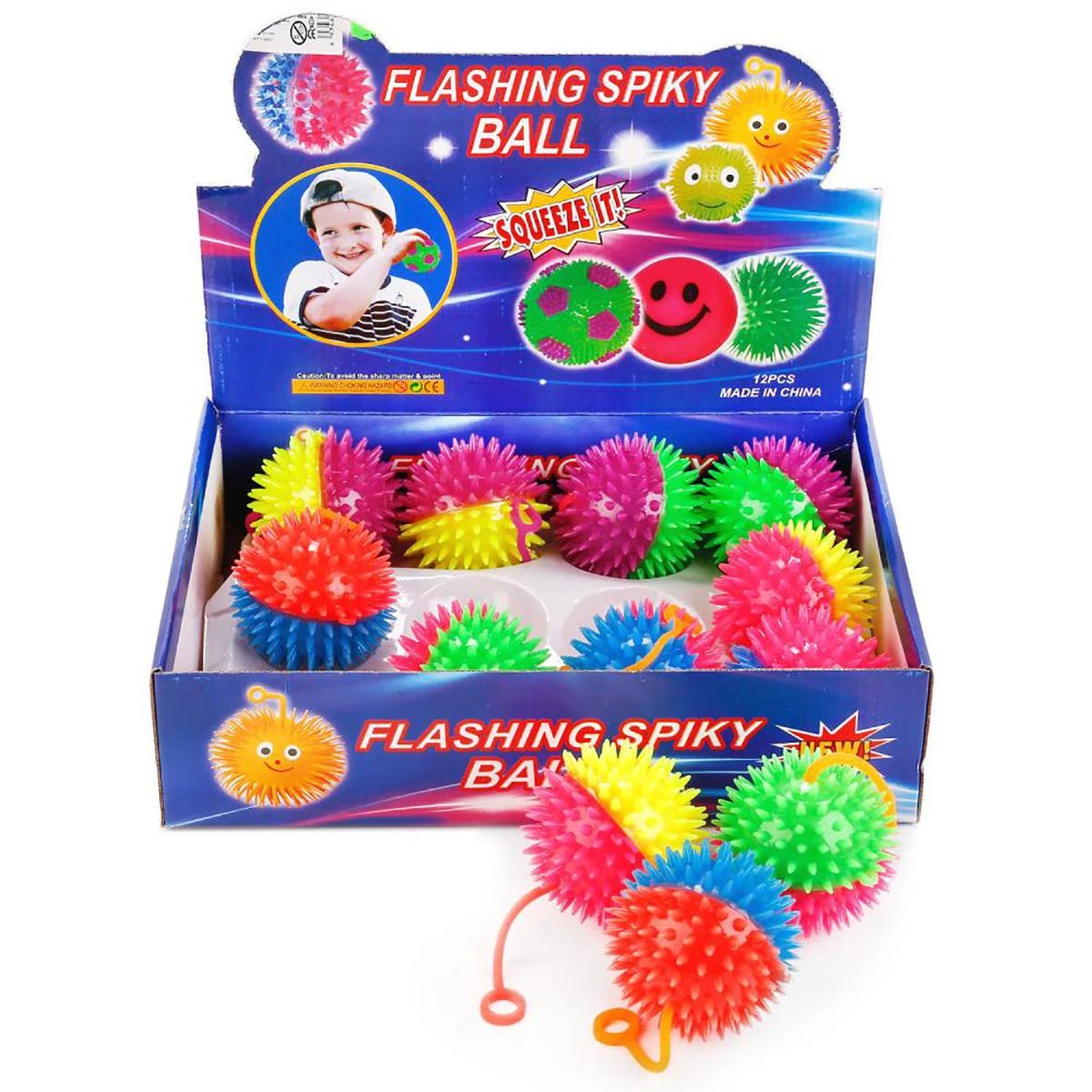 M02479 ДИСПЛ/12 МЯЧ ПВХ ПРЫГАЮЩИЙ 7,5СМ, СО СВЕТОМ, ПИЩАЛКА, В АССОРТИМЕНТЕ