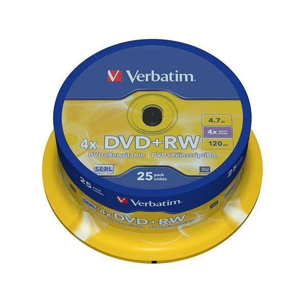 Диск DVD+RW VERBATIM 4700 Мб 4х упор, 25 шт/уп туба: DVD+RW/V4C штр.: