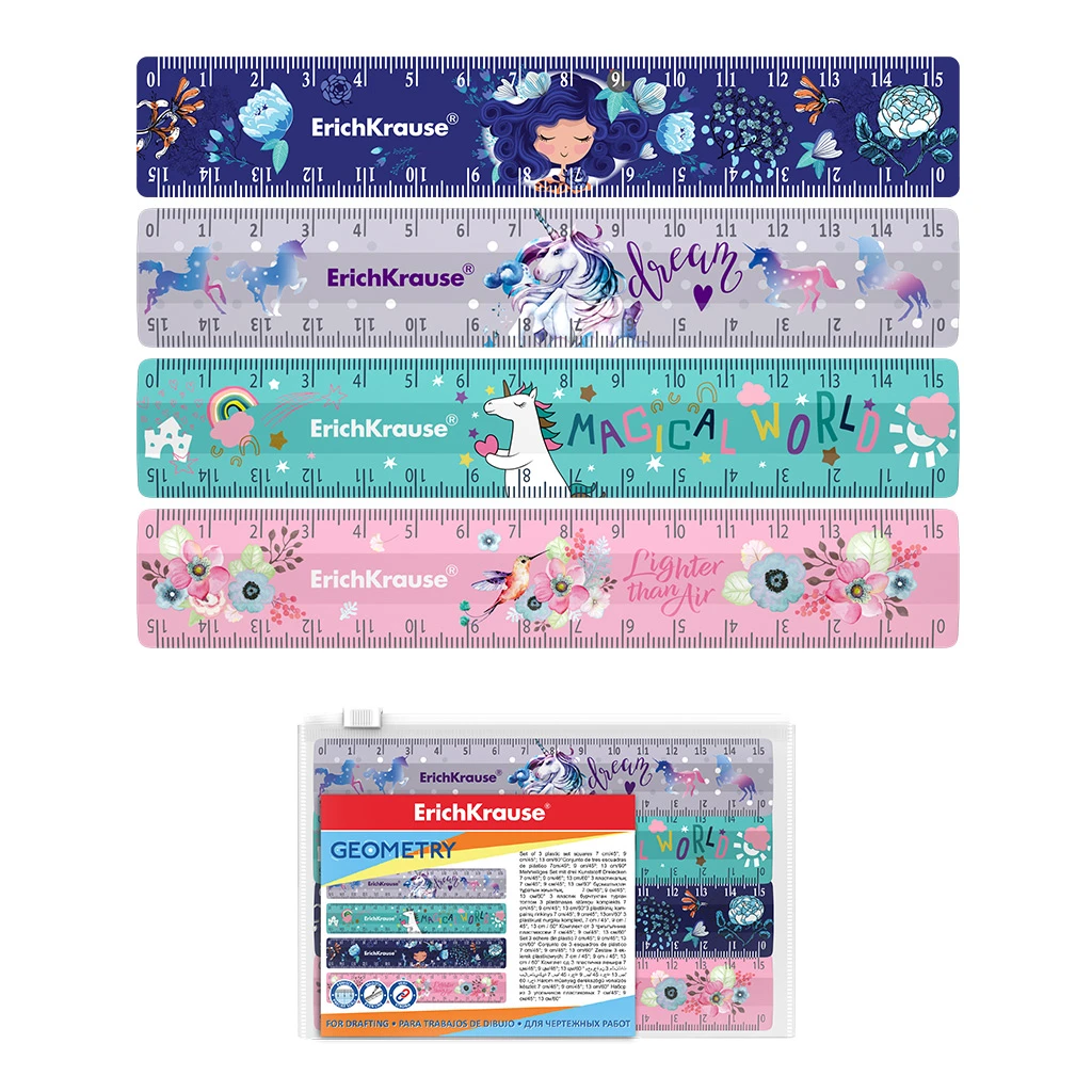 Набор из 4 пластиковых линеек ErichKrause®, 15см, ассорти из 4 дизайнов, в