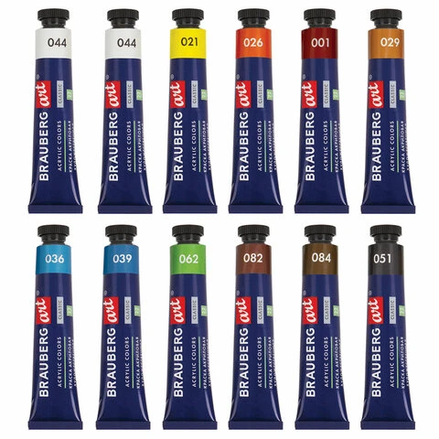 Краски акриловые художественные BRAUBERG ART CLASSIC, НАБОР 12 шт, 11 цветов, в