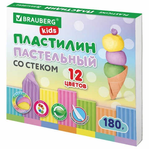 Пластилин классический пастельные цвета BRAUBERG KIDS, 12 цветов, 180 грамм,