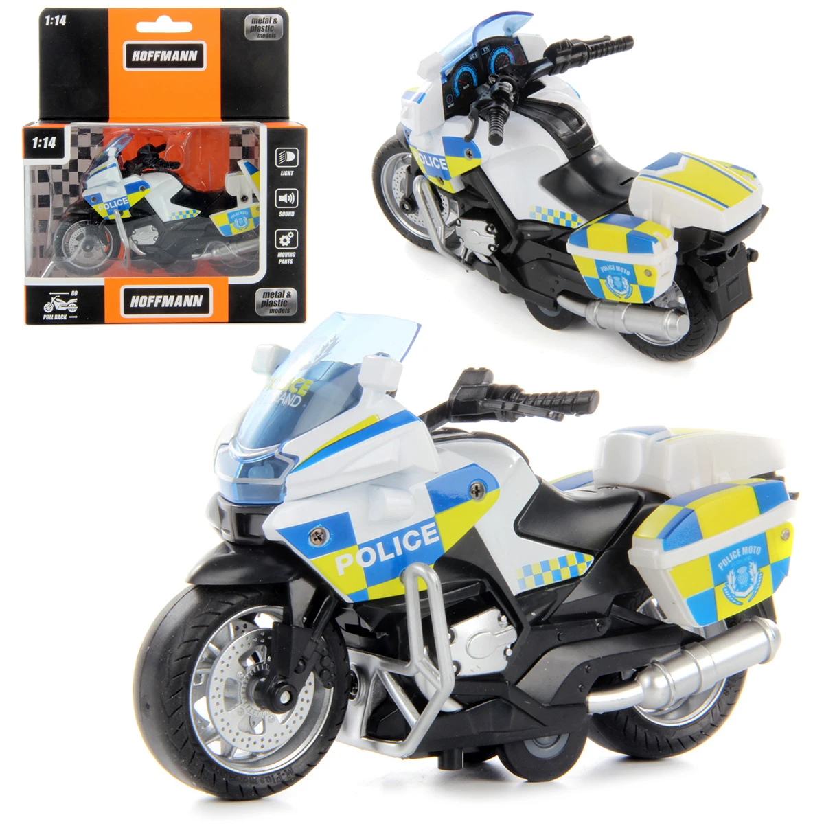 Мотоцикл металлический 1:14 POLICE свет/звук, 2 бок. багажн. откр., руль вращ.,