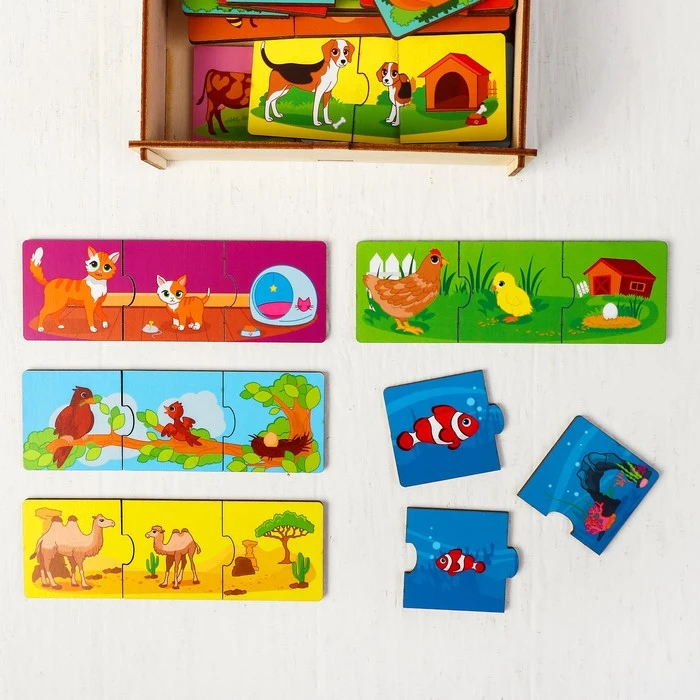 Пазл тройной "Мама, малыш, домик" (головоломка), 13 видов животных,