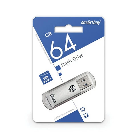 Флеш-диск 64 GB, SMARTBUY V-Cut, USB 3.0, металлический корпус, серебристый,
