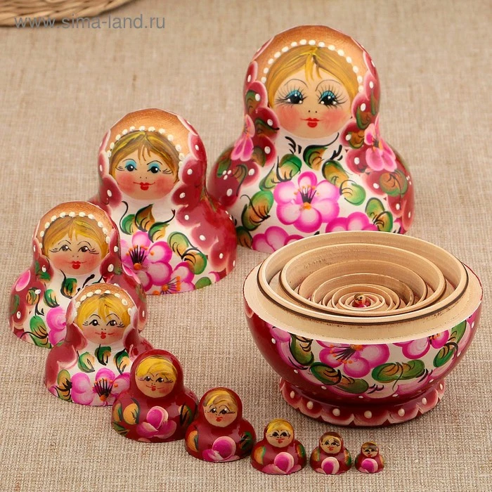 Матрёшка «Цветочки», розовое платье, 10 кукольная, 12-14 см Матрёшка «Цветочки», розовое платье, 10 кукольная, 12-14 см