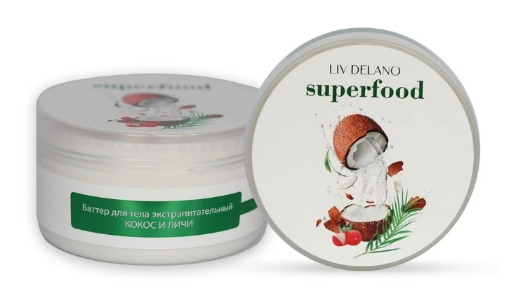 LIV DELANO SUPERFOOD Баттер для тела Экстрапитательный КОКОС и ЛИЧИ, 240г