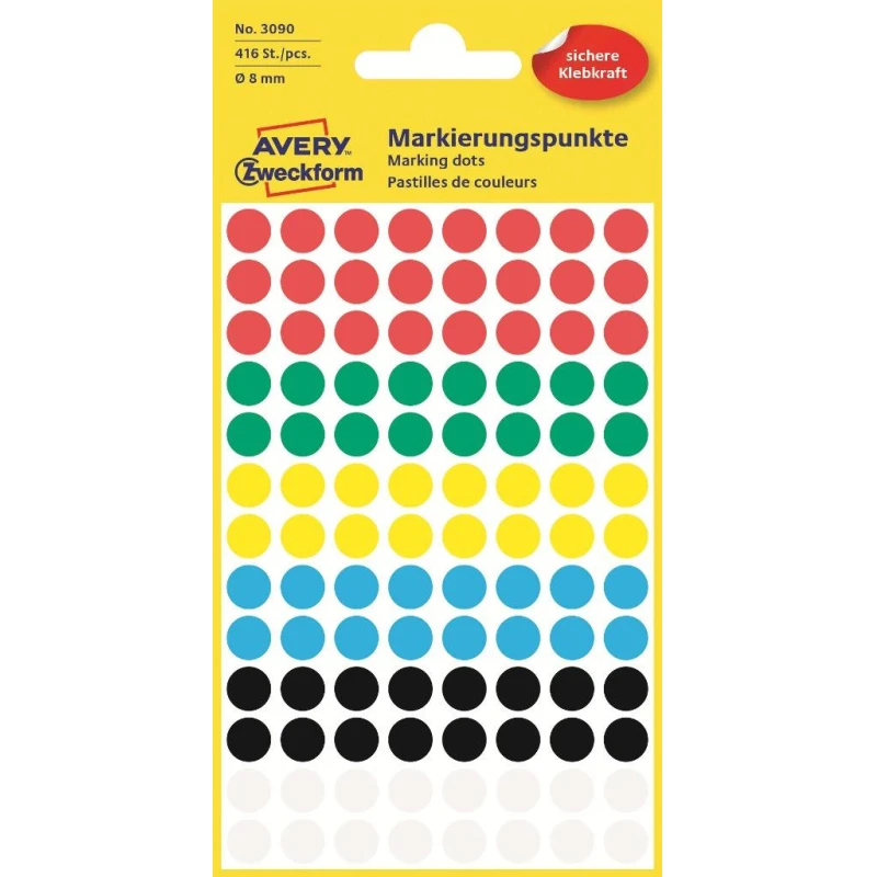 Этикетки самоклеящиеся точки, 3090, d=8mm,разноцветные, 416 штук в упаковке