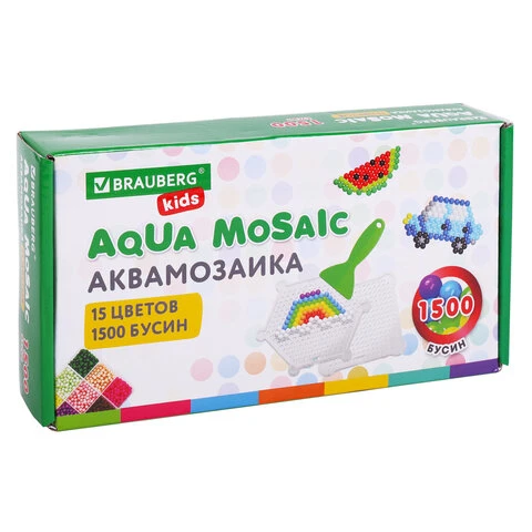 Аквамозаика 15 цветов, 1500 бусин, с трафаретами и инструментами, BRAUBERG KIDS,