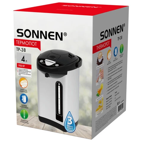 Термопот SONNEN TP-38, 4 л, 900 Вт, 1 температурный режим, 3 режима подачи воды,