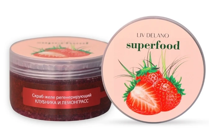 LIV DELANO SUPERFOOD Скраб-желе регенерирующий КЛУБНИКА И ЛЕМОНГРАСС, 240г