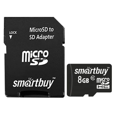 Карта памяти micro SDHC, 8 GB, SMARTBUY, 10 Мб/сек. (class 10), с адаптером,