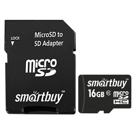 Карта памяти microSDHC, 16 GB, SMARTBUY, 10 Мб/сек. (class 10), с адаптером,