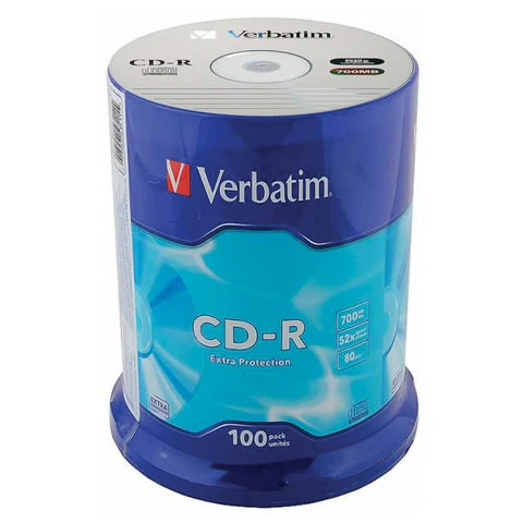 Диски CD-R VERBATIM 700 Mb 52х Cake Box (упаковка на шпиле), КОМПЛЕКТ 100 шт.,