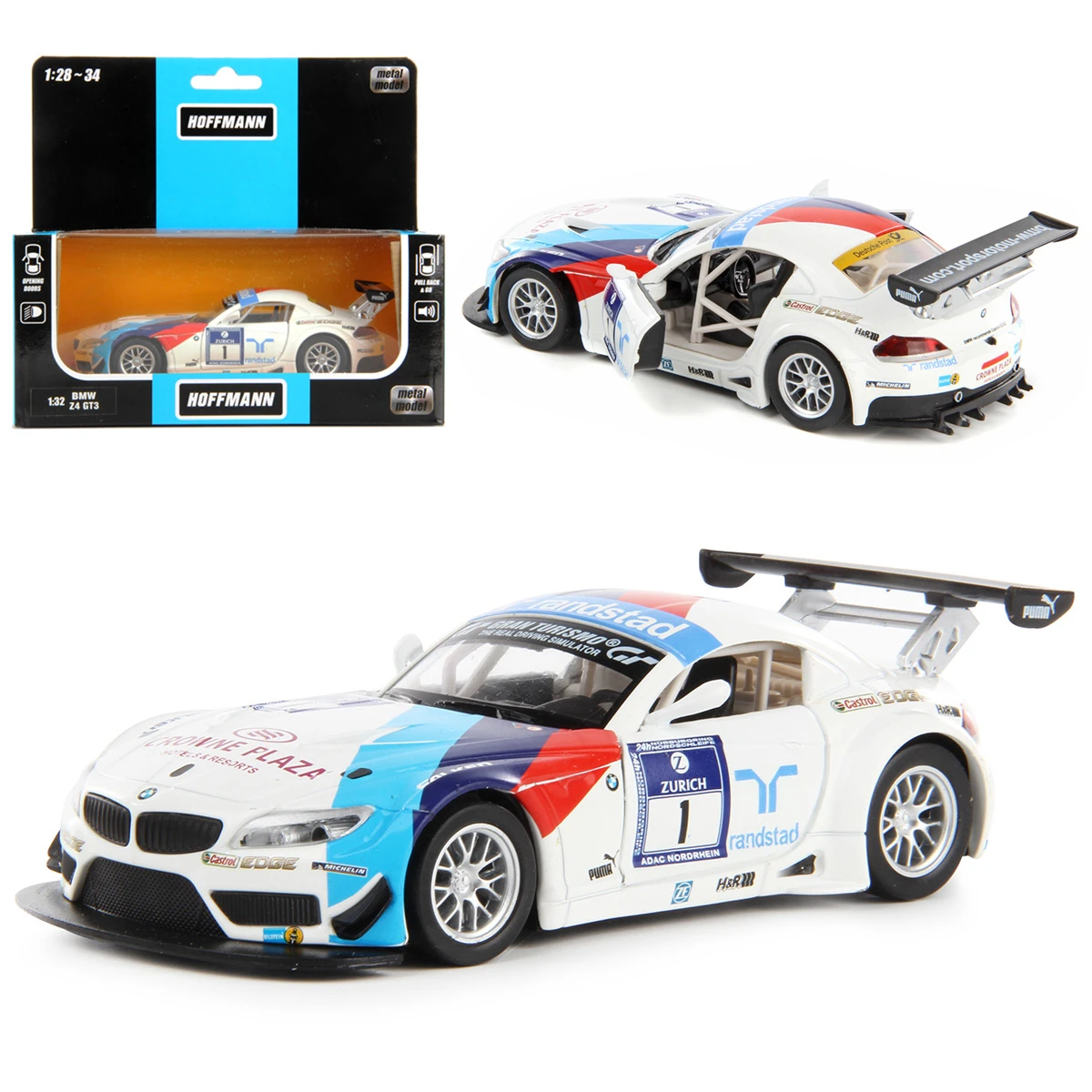 Машина металлическая BMW Z4 GT3 1:32, звук/свет, двери откр., инерция