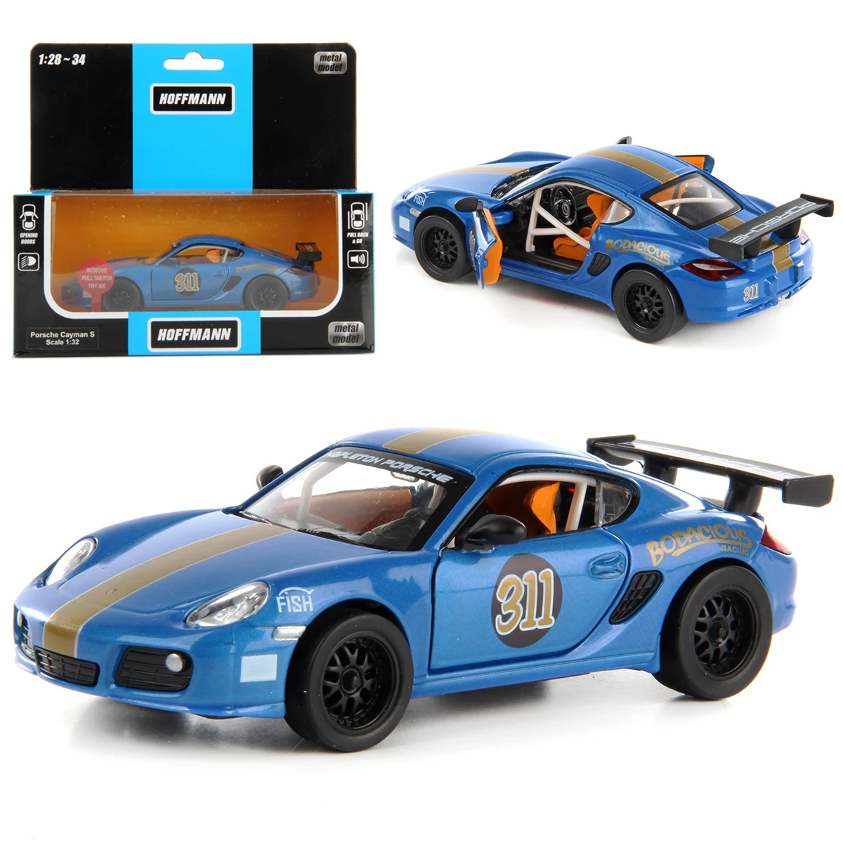 Машина металлическая Porsche Cayman (987) Race Version 1:32, звук/свет, двери