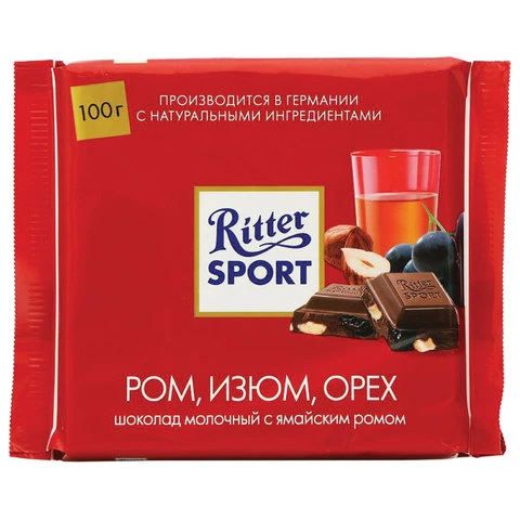 Шоколад RITTER SPORT "Ром, изюм, орех", молочный, 100 г, Германия,