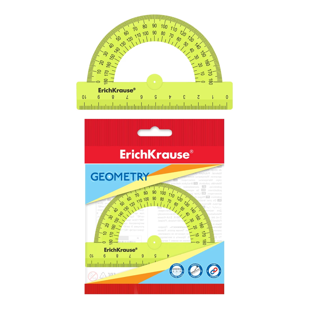 Транспортир пластиковый ErichKrause® Neon Solid, 180°/10см, желтый, во флоупаке