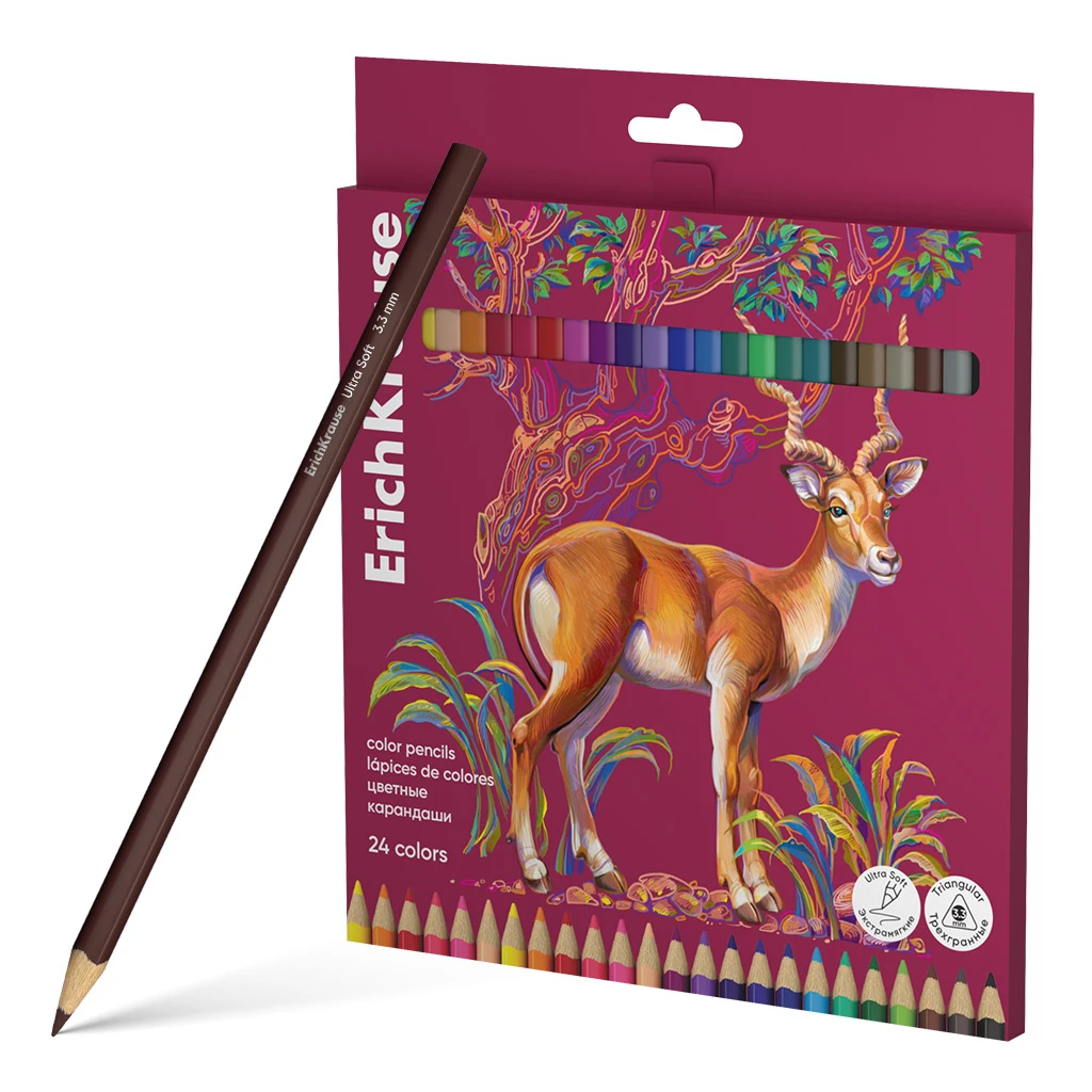 Цветные карандаши деревянные Erich Krause Safari трехгранные, грифель 3,3 мм, 24