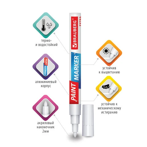 Маркер-краска лаковый EXTRA (paint marker) 2 мм, БЕЛЫЙ, УЛУЧШЕННАЯ НИТРО-ОСНОВА,