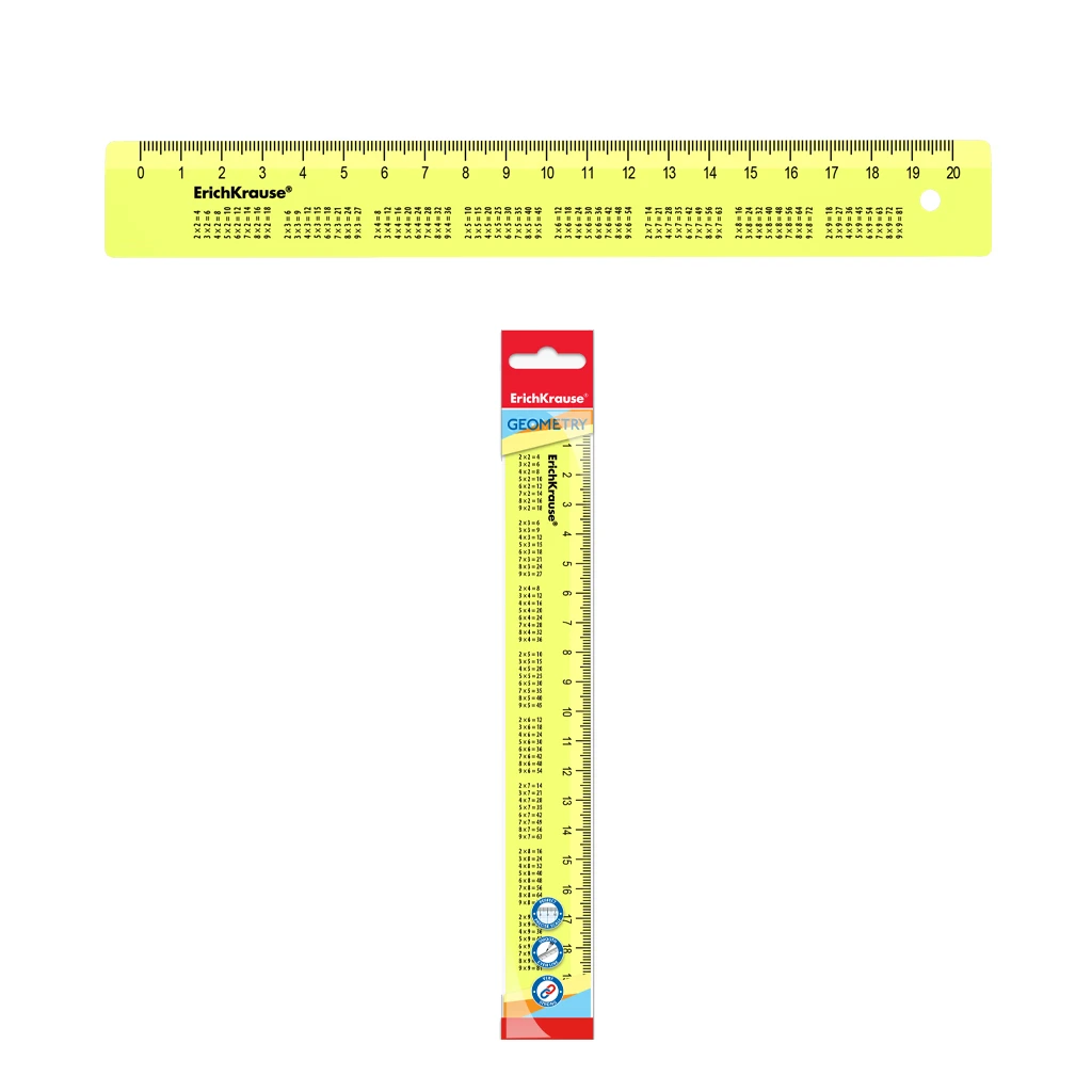 Линейка с таблицей умножения пластиковая ErichKrause® Neon, 20см, желтая, во