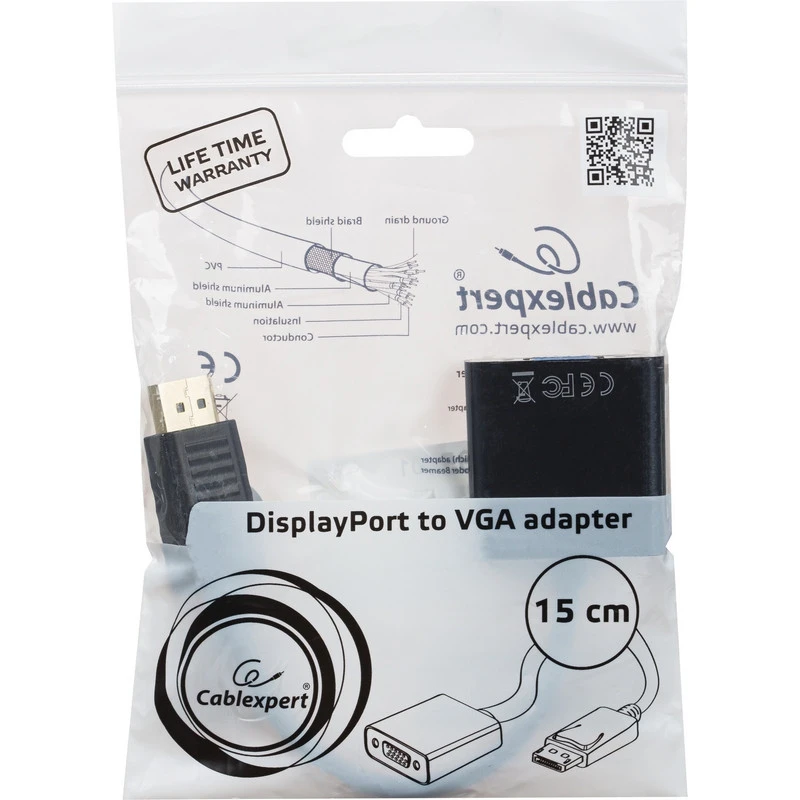Переходник Cablexpert DisplayPort-VGA, 20M/15F, провод 15см
