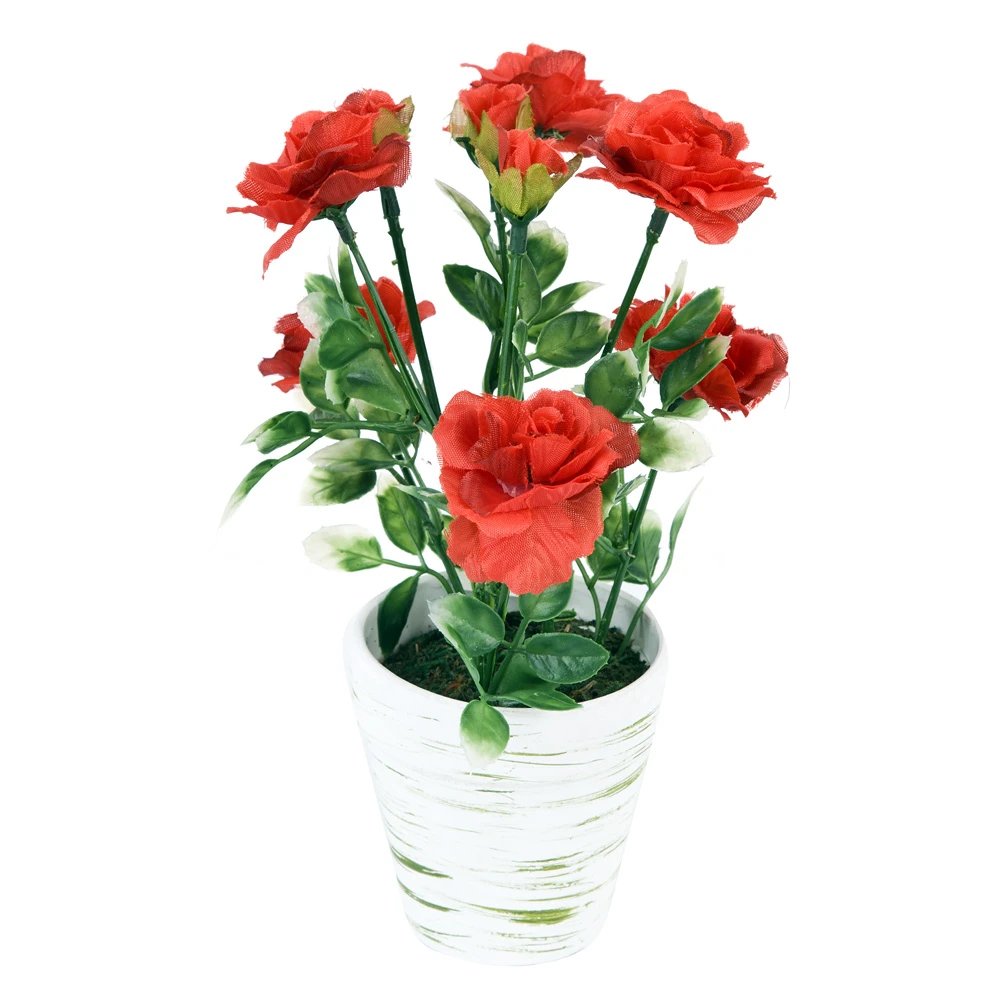 Цветок декоративный в горшке "Кустовая роза" красный, 12*12*22см.