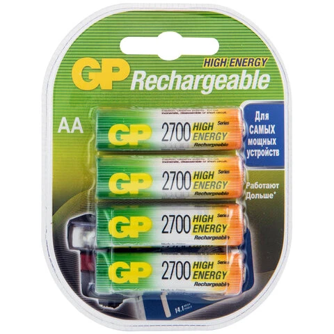 Батарейки аккумуляторные GP, АА, Ni-Mh, 2700 mAh, комплект 4 шт., в блистере