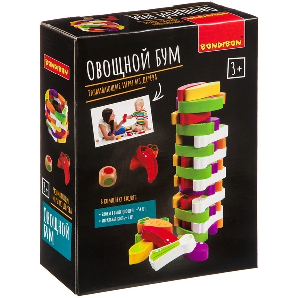 Развивающие игры из дерева Bondibon Игра-баланс «ОВОЩНОЙ БУМ», башня из овощей.