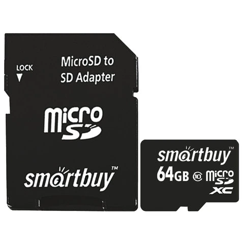 Карта памяти micro SDXC, 64 GB, SMARTBUY, 10 Мб/сек. (class 10), с адаптером,