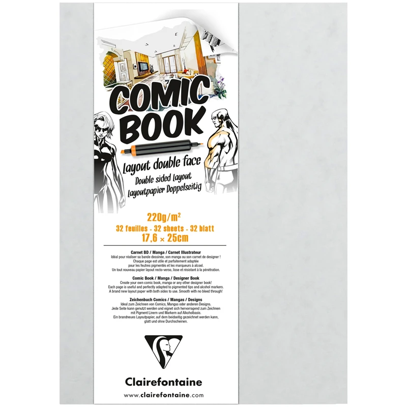 Скетчбук для маркеров 32л. 176*250мм, на склейке Clairefontaine "Comic