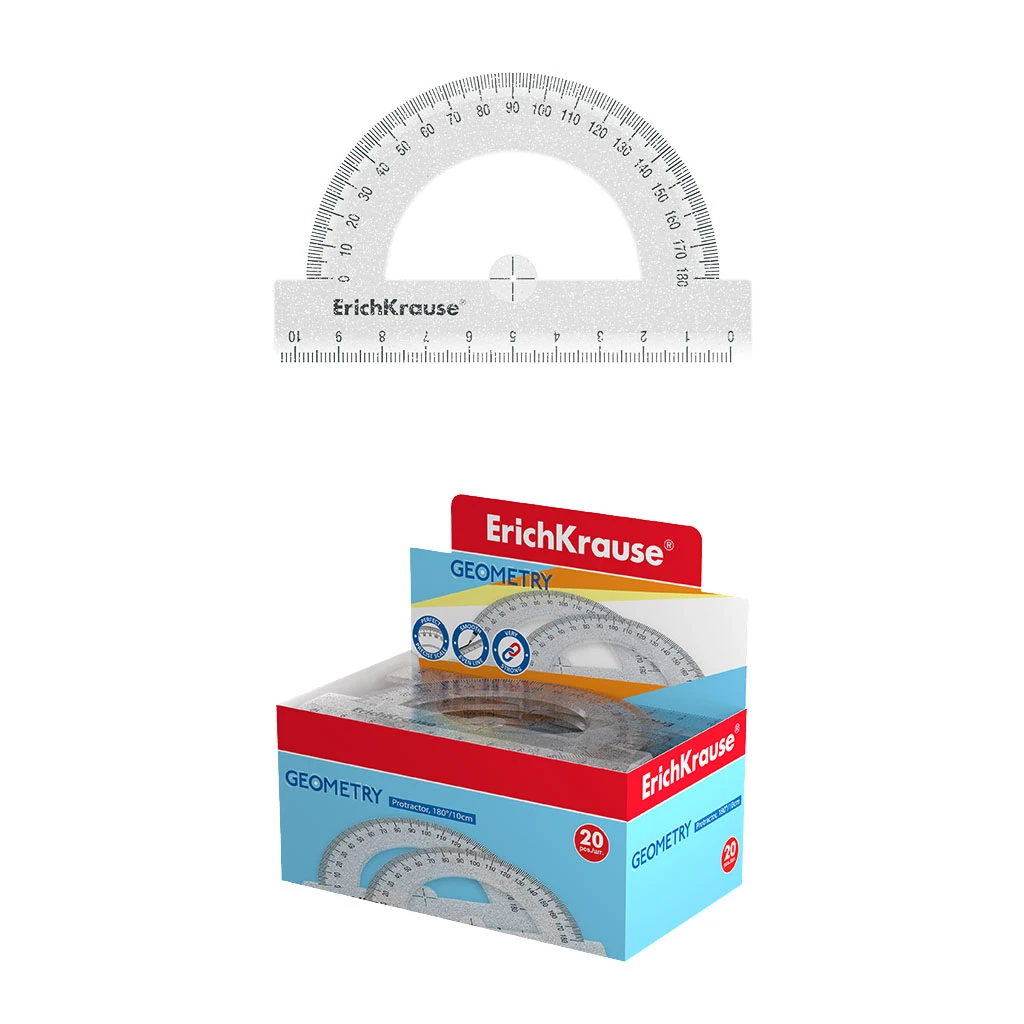 Транспортир пластиковый ErichKrause® Glitter, 180°/10см, прозрачный, в Транспортир пластиковый ErichKrause® Glitter, 180°/10см, прозрачный, в