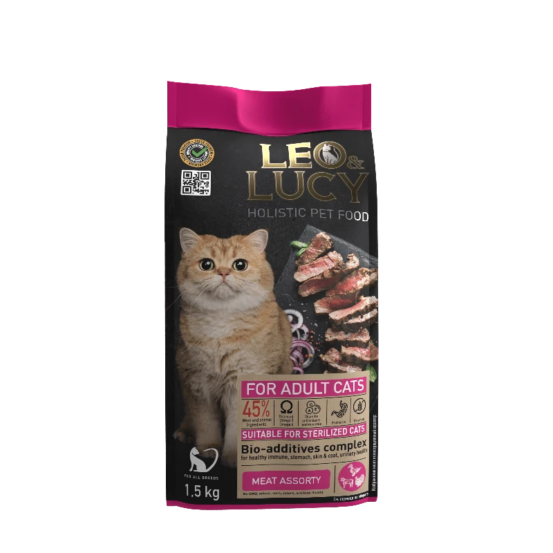 LEO&LUCY сухой холистик корм полнорационный для взрослых кошек мясное ассорти и