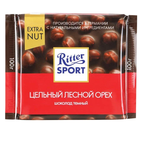 Шоколад RITTER SPORT "Extra Nut", темный, с цельным лесным орехом, 100