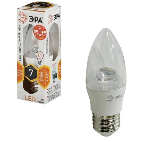 Лампа светодиодная ЭРА, 7 (60) Вт, цоколь E27, "прозрачная свеча",