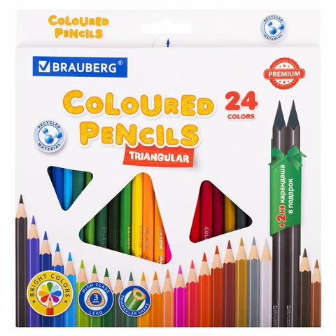 Карандаши цветные пластиковые, BRAUBERG PREMIUM 24 цвета + 2 чернографитных