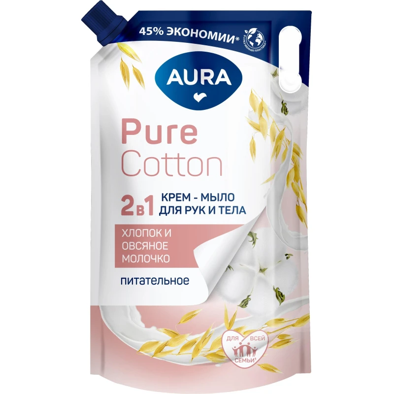 Крем-мыло AURA Pure Cotton 2в1 для рук/тела Хлопок и овс мол дойпак 850мл