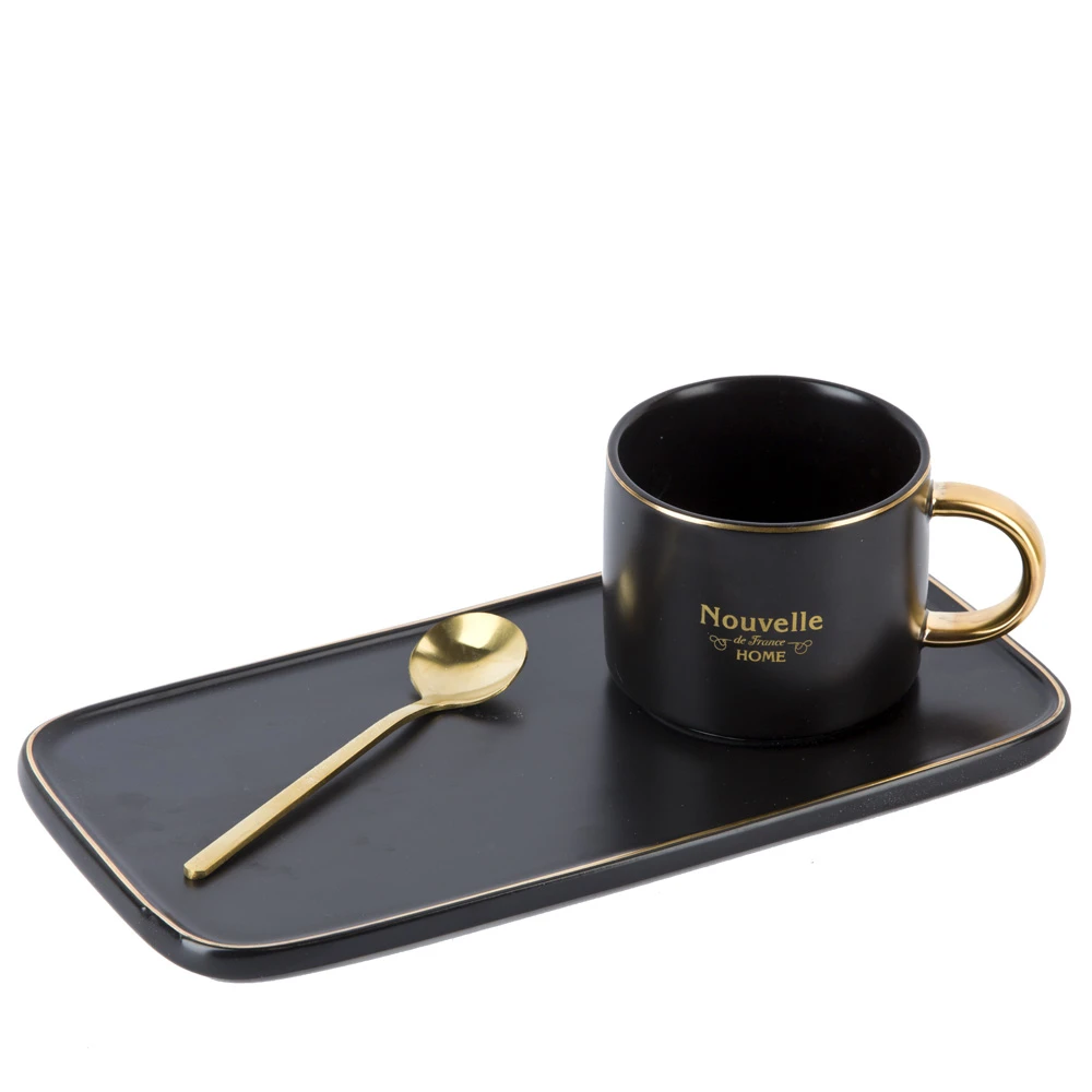 Чашка с блюдцем и ложкой "Coffee set" (черная) v=200 мл (подарочная