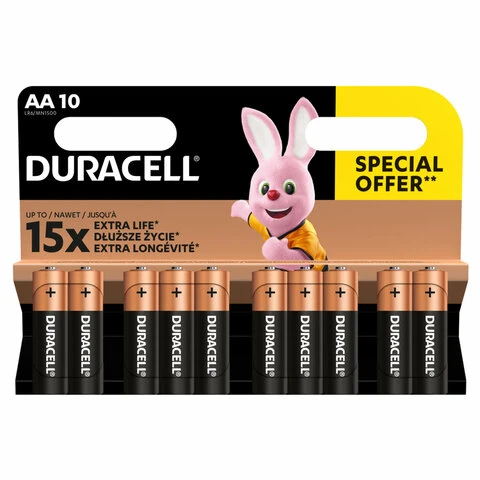 Батарейки КОМПЛЕКТ 10 шт., DURACELL Basic ОРИГИНАЛ, AA (LR6, 15А), алкалиновые,