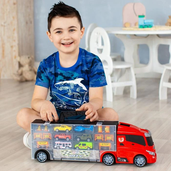 Автовоз - кейс 51,5 см, с тоннелем, 4 машинки, 1 автобус, 1 вертолет и 10