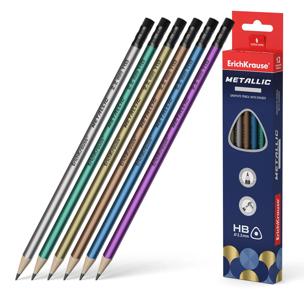 Чернографитный трехгранный карандаш с ластиком ErichKrause® Metallic HB (в