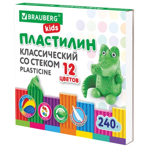 Пластилин классический BRAUBERG "KIDS", 12 цветов, 240 г, стек, ВЫСШЕЕ