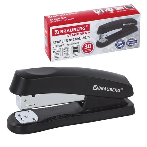 Степлер №24/6, 26/6 BRAUBERG "Standard+", до 30 листов, черный, 228608