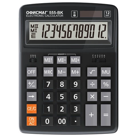 Калькулятор настольный ОФИСМАГ 12-BK (206x155мм), 12 разрядов, дв.питание,