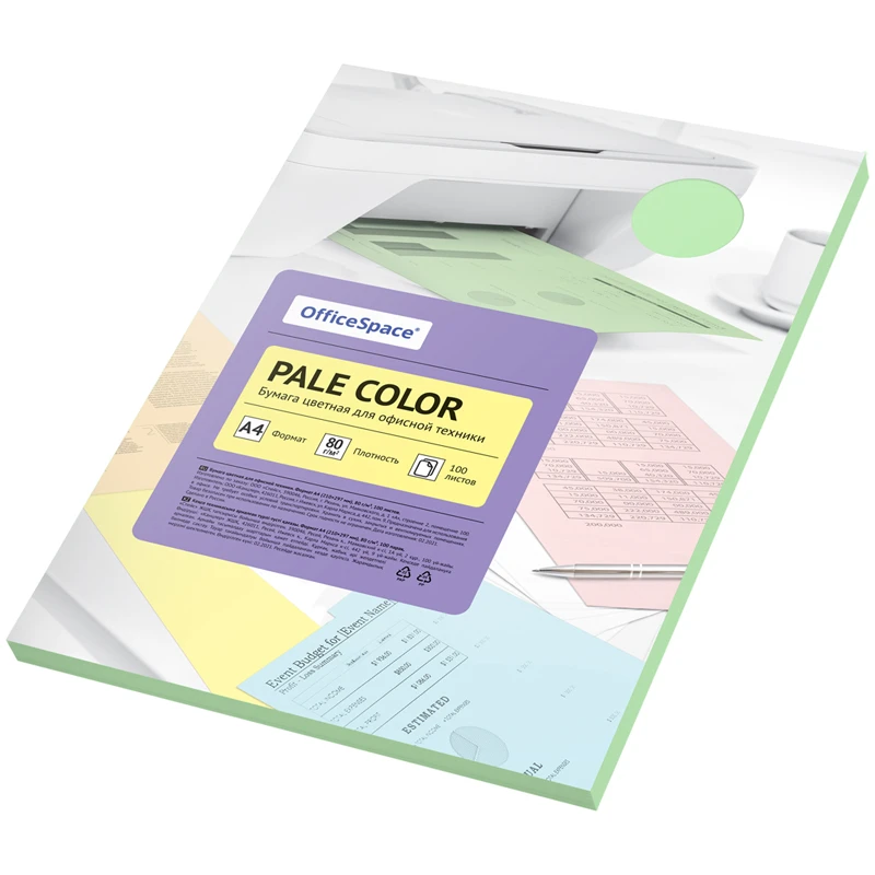 Бумага цветная OfficeSpace "Pale Color", A4, 80 г/м?, 100л., (зеленый)