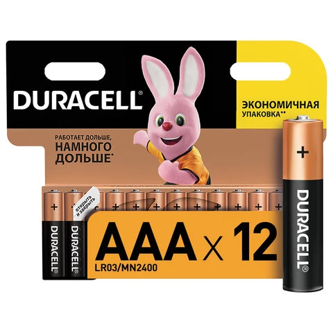 Батарейки DURACELL Basic, AAA (LR03, 24А), алкалиновые, КОМПЛЕКТ 12 шт., в