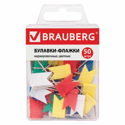 Булавки-флажки маркировочные BRAUBERG, цветные, 50 шт., пластиковая коробка,