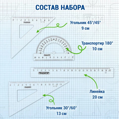 Набор чертежный средний ПИФАГОР (линейка 20 см, 2 треугольника, транспортир),