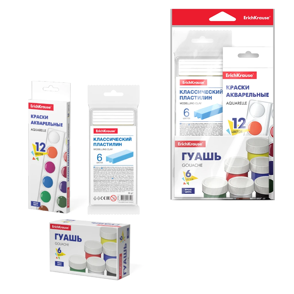 Гуашь, пластилин, краски акварельные Erich Krause® Basic, в полибеге