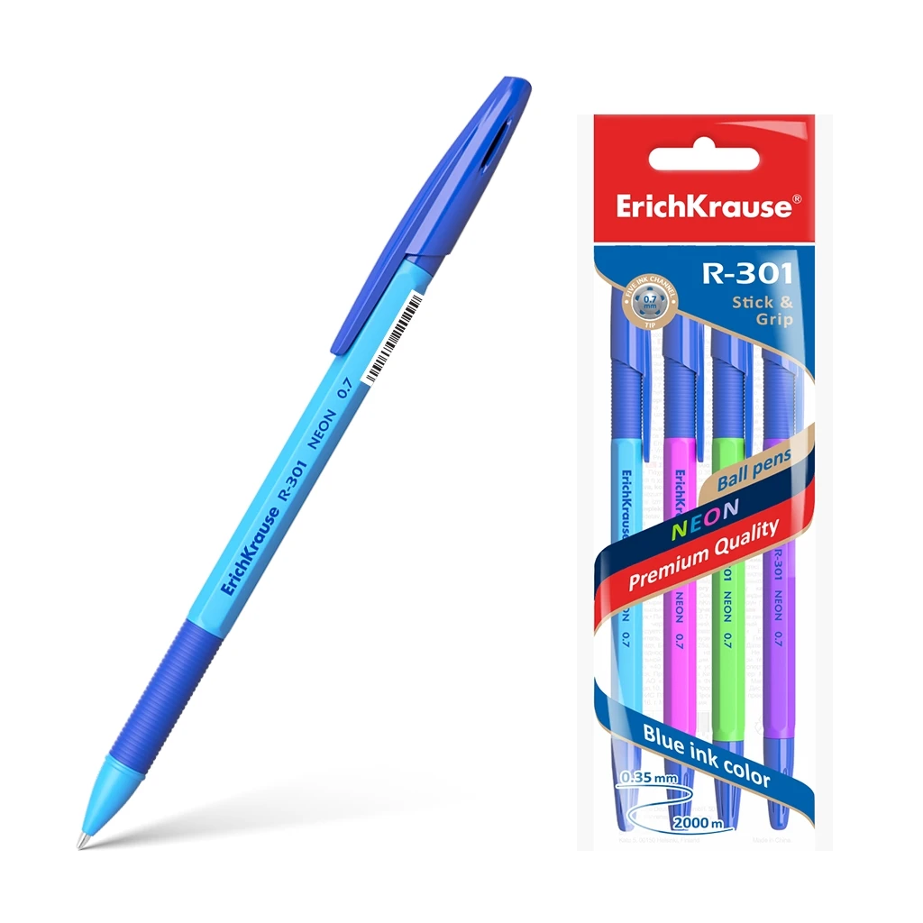 Ручка шариковая Erich Krause R-301 Neon Stick&Grip 0.7, цвет чернил синий (в