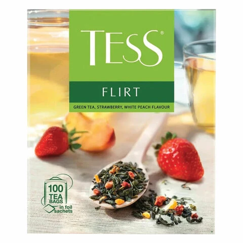 Чай TESS (Тесс) "Flirt", зеленый с клубникой и персиком, 100 пакетиков